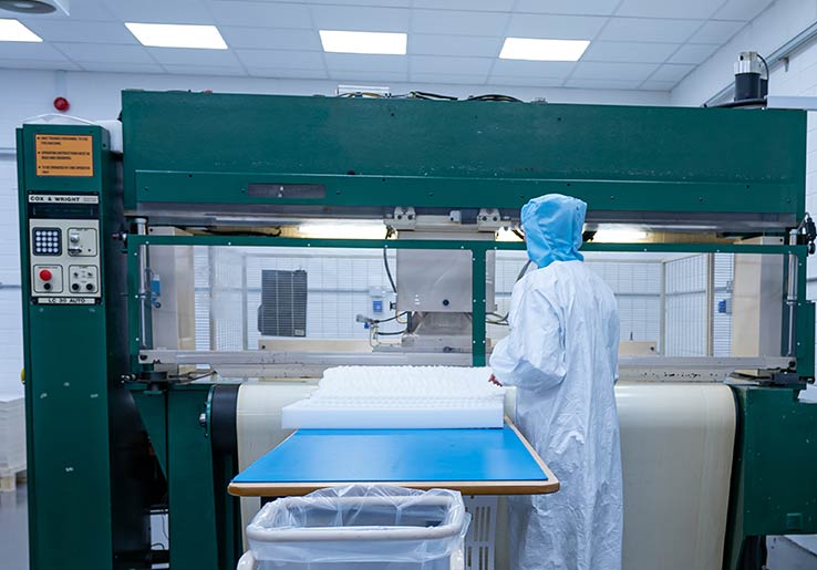AQF Medical employee using welding technology on blood filtration foam